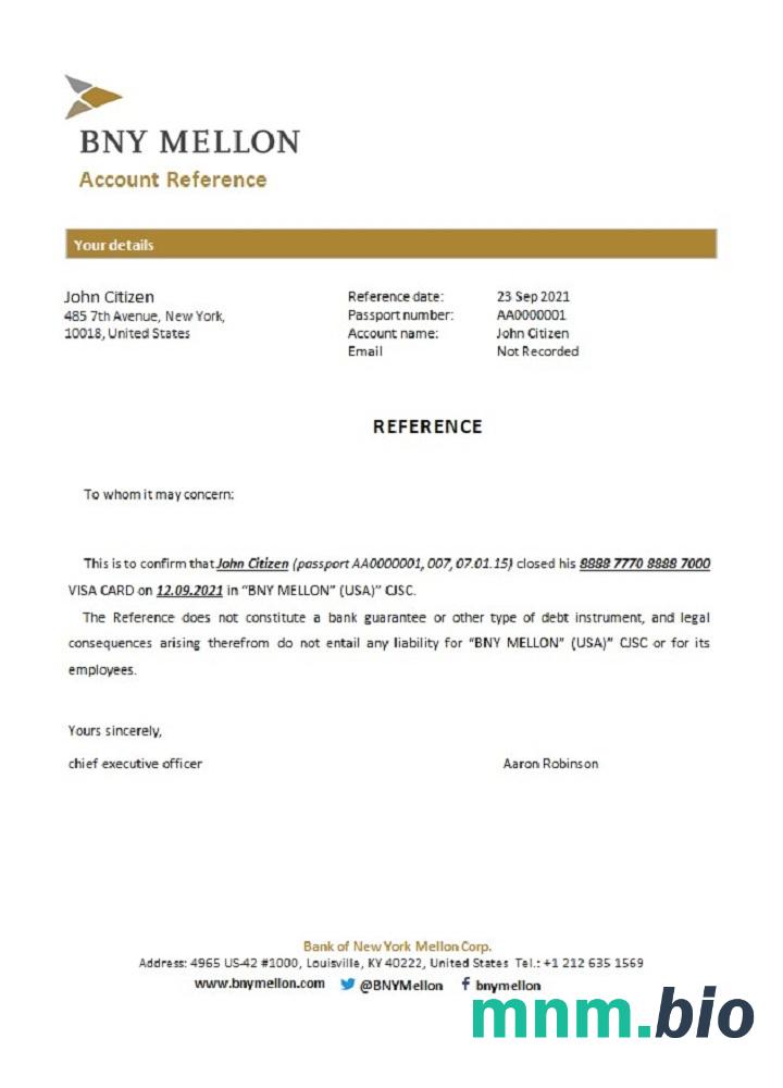 Przykład odniesienia zamknięcia USA BNY Mellon w formatach Word i PDF